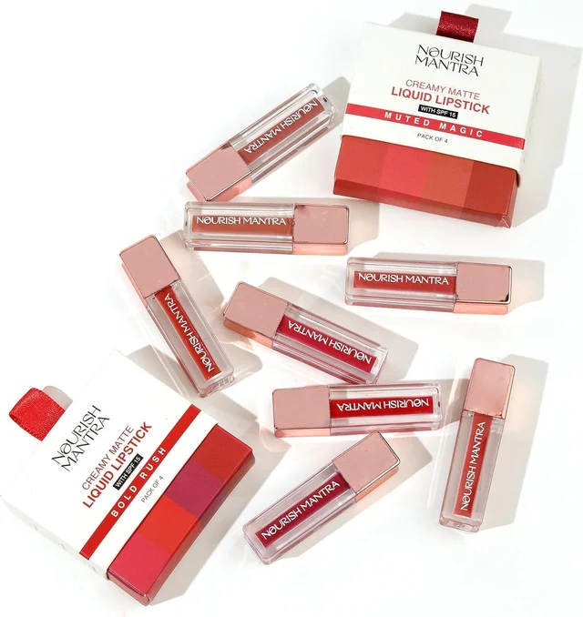 Nourish Mantra Muted Magic Creamy Matte Liquid Lipstick Combo with SPF 15, Set of 4 Mini Lipsticks 1.4ml each | Transfer-Proof, Smudge-Proof & Long-Lasting | Enriched with Jojoba Oil | Shea Butter & Vitamin E?