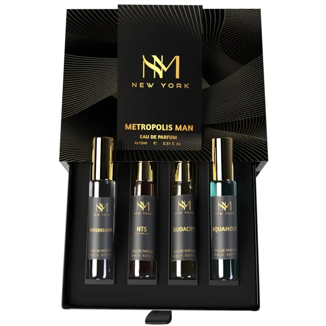 Nourish Mantra NM New York Metropolis Man Luxury Perfume Set of 4 15ml each set| Long Lasting Eau De Parfum | Premium Fragrance Gift Set | Vegan - Travel-Friendly - 60ml Total