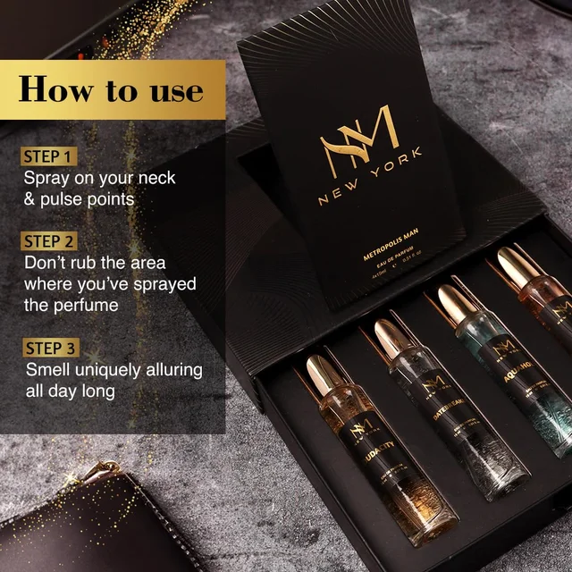Nourish Mantra NM New York Metropolis Man Luxury Perfume Set of 4 15ml each set| Long Lasting Eau De Parfum | Premium Fragrance Gift Set | Vegan - Travel-Friendly - 60ml Total