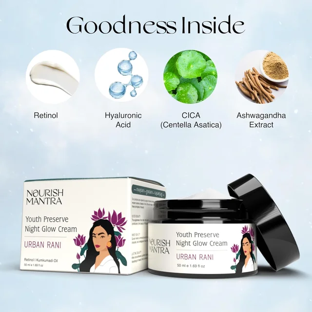 Nourish Mantra Urban Rani Youth Preserve Night Glow Cream 50ml | Enriched with Retinol, Hyaluronic Acid & Kumkumadi Oil | Anti-Aging | Hydrating & Radiance Boost