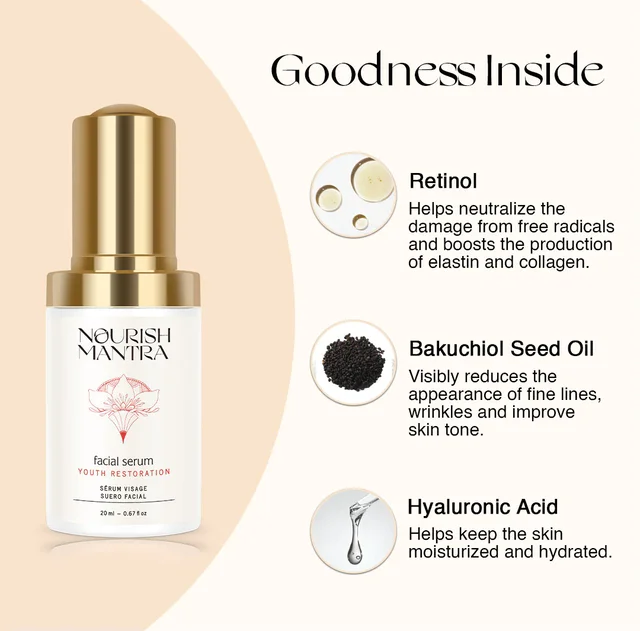 Nourish Mantra Youth Restoration Serum 20ml | Anti-Aging Serum with Bakuchiol, Retinol & Hyaluronic Acid | Firms, Hydrates & Smoothens Skin Texture