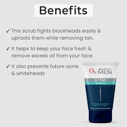 O3+ Professional O3+ Alpha Men Acno D-Tan Scrub 50g | Men's Face Scrub for Tan Removal & Acne-Prone Skin | Deep Cleansing & Exfoliation