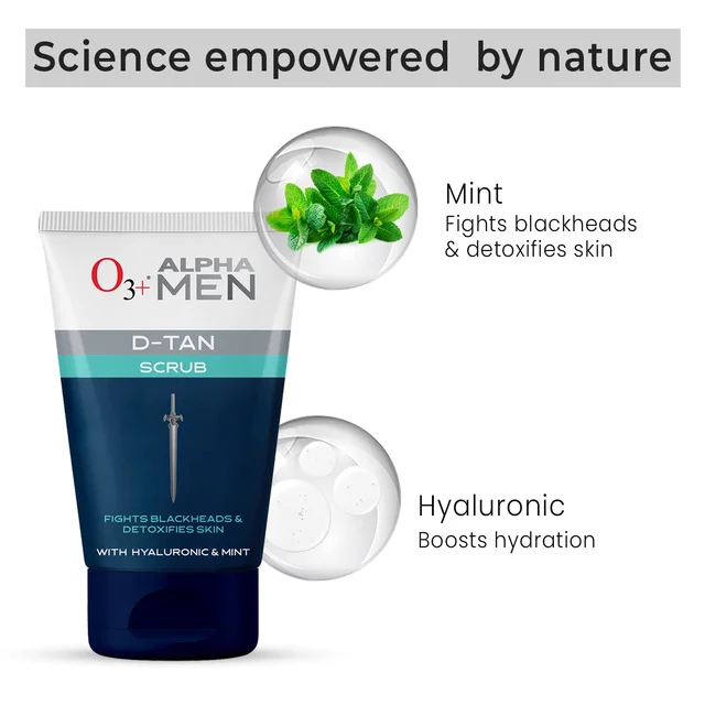 O3+ Professional O3+ Alpha Men Acno D-Tan Scrub 50g | Men's Face Scrub for Tan Removal & Acne-Prone Skin | Deep Cleansing & Exfoliation
