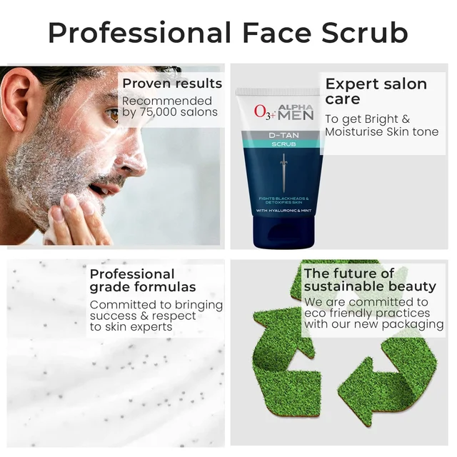 O3+ Professional O3+ Alpha Men Acno D-Tan Scrub 50g | Men's Face Scrub for Tan Removal & Acne-Prone Skin | Deep Cleansing & Exfoliation