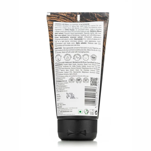 Oshea Herbals Cafeine Pro Coffee Face Mask 120g | Enriched with Coffee Seed Oil & Mulberry Extracts | Removes Dead Cells, Excess Oil, Brightens & Purifies Skin