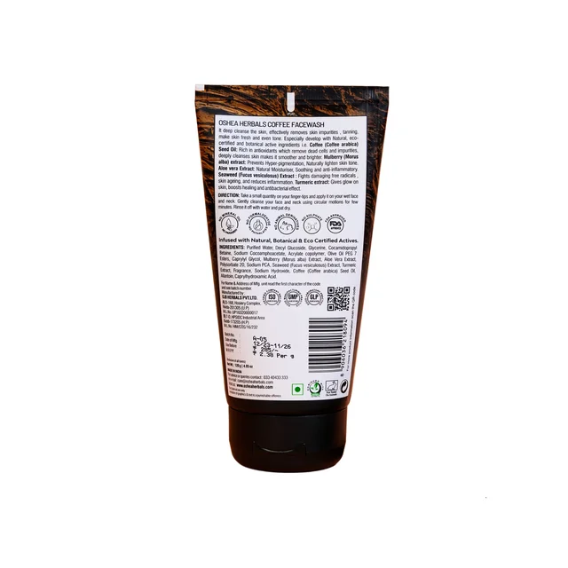 Oshea Herbals Cafeine Pro Coffee Face Wash 120g | Enriched with Coffee Seed Oil & Mulberry Extracts | Gently Cleanses, Removes Impurities, Brightens & Refreshes Skin