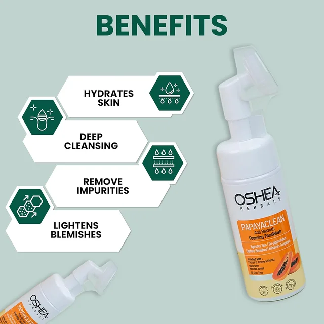 Oshea Herbals Papayaclean Anti Blemishes Foaming Face Wash 150gm | Enriched with Papaya Extract & Vitamin E | Lightens Blemishes & Hydrates Skin | Enhances Complexion & Helps in De-pigmentation
