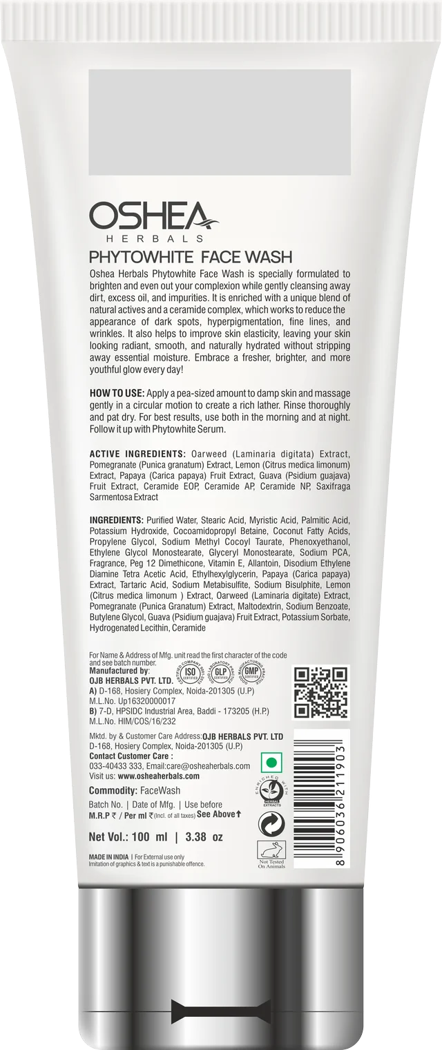 Oshea Herbals PhytoWHITE Brightening & Lightening Face Wash 100ml | Whitening Boost Formula | Deep Cleanse | Glowing Skin | Natural Extracts | RadiantFresh Look