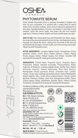 Oshea Herbals PhytoWHITE Brightening & Lightening Serum 40ml| Whitening Boost FormulaFades Dark Spots | Evens Skin Tone | Radiant Glow | Lightweight | Herbal Skin Brightener