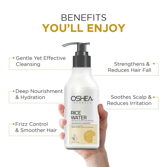 Oshea Herbals Rice Water Nourishing Shampoo 300 ml Enriched with Niacinamide, Oatmeal & Rice Water for Stronger, Smoother Hair | Deep Hydration & Repair| Controls Hair Breakage