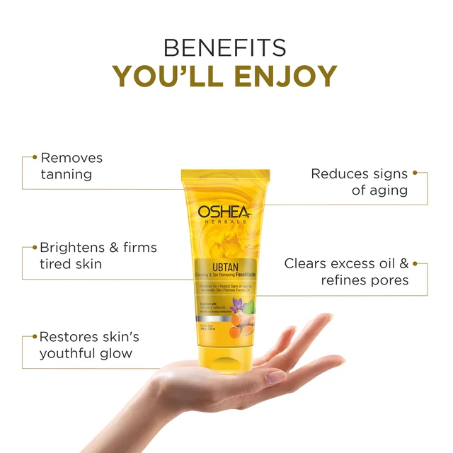 Oshea Herbals Ubtan Glowing & Tan Removing Face Mask 100g, with Turmeric Extract & Herbal Formula | Removes Tan, Repairs Sun Damage, Brightens & Revives Dull Skin