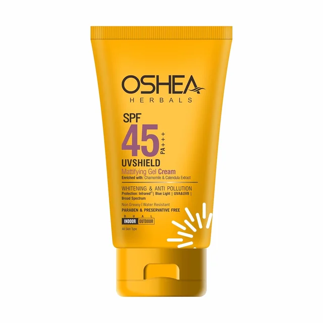 Oshea Herbals UVShield Mattifying Gel Cream SPF 45, 120gm with PA+++ | Broad-Spectrum UVA & UVB Protection | Lightweight, Oil-Free, Water-Resistant Formula | Shine-Free Finish