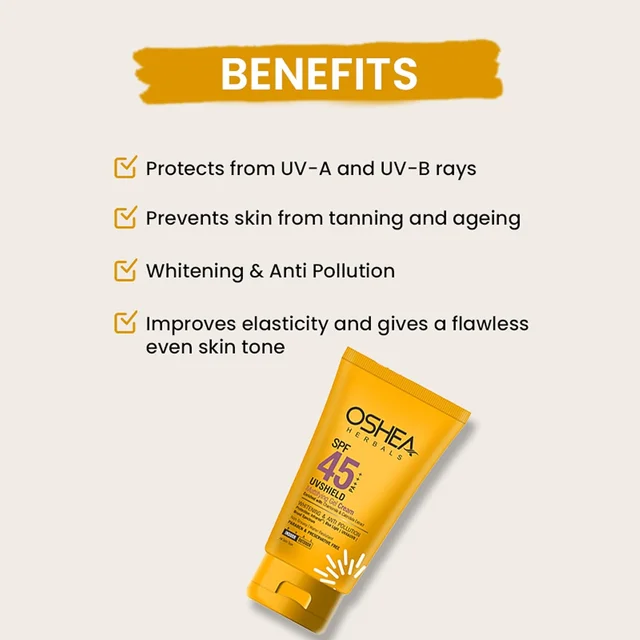 Oshea Herbals UVShield Mattifying Gel Cream SPF 45, 120gm with PA+++ | Broad-Spectrum UVA & UVB Protection | Lightweight, Oil-Free, Water-Resistant Formula | Shine-Free Finish