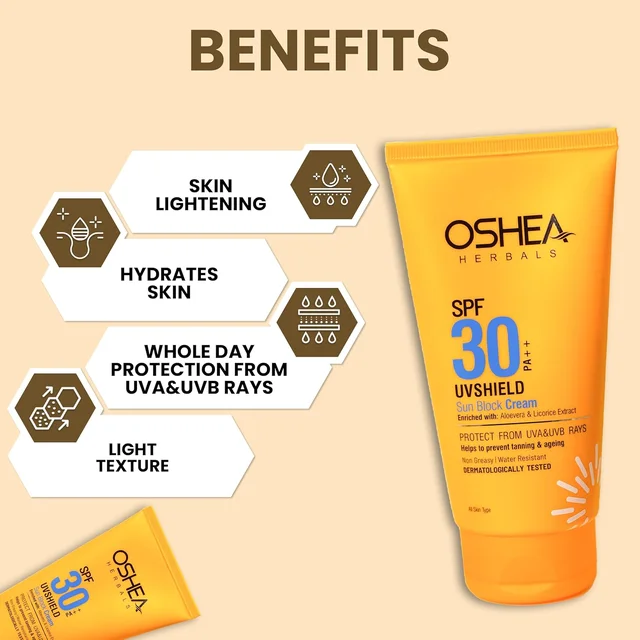 Oshea Herbals UVShield Sun Block Cream SPF 30, 60g | Broad-Spectrum UVA & UVB Protection | Non-Greasy, Water-Resistant Formula | Hydrating & Tan Prevention