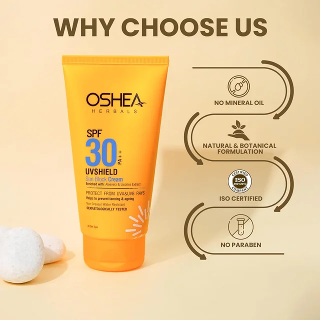 Oshea Herbals UVShield Sun Block Cream SPF 30, 60g | Broad-Spectrum UVA & UVB Protection | Non-Greasy, Water-Resistant Formula | Hydrating & Tan Prevention