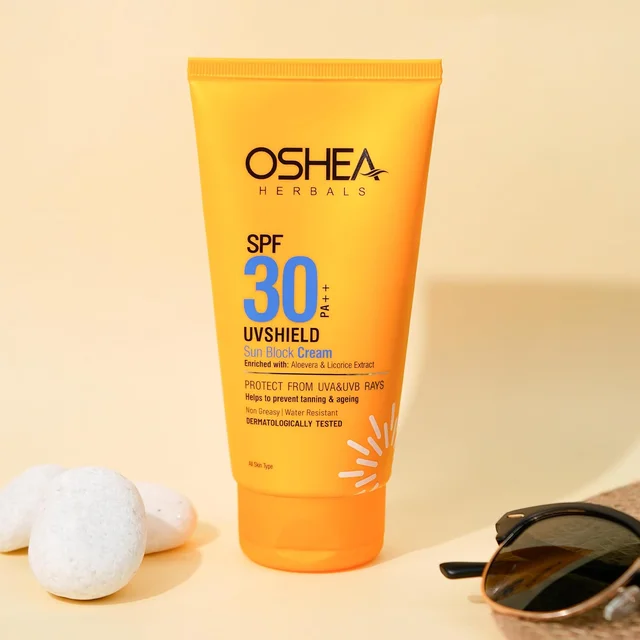 Oshea Herbals UVShield Sun Block Cream SPF 30, 60g | Broad-Spectrum UVA & UVB Protection | Non-Greasy, Water-Resistant Formula | Hydrating & Tan Prevention