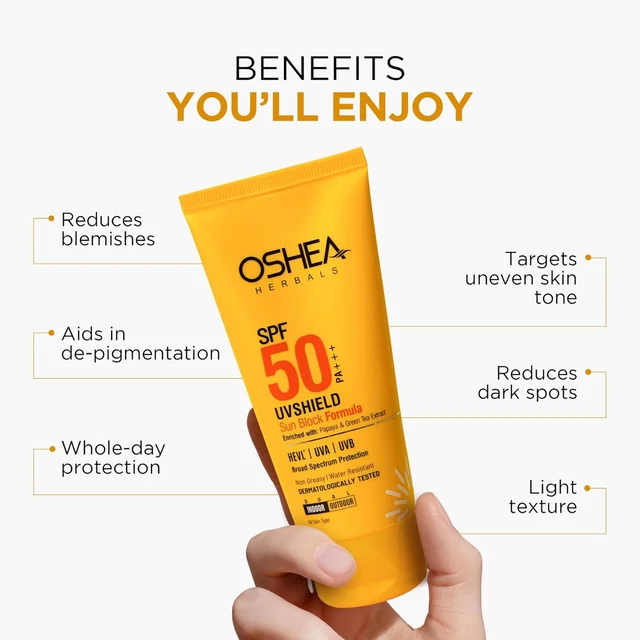 Oshea Herbals UVShield Sun Block Formula SPF 50, 120gm with PA+++ | Broad-Spectrum UVA & UVB Protection | Lightweight & Water-Resistant | Matte Finish & Non-Greasy Formula