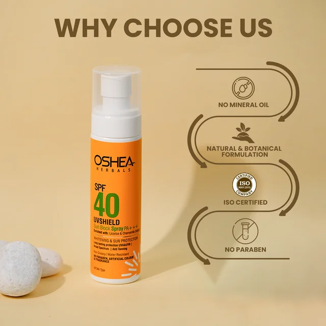 Oshea Herbals UVShield Sun Block Spray SPF 40, 120ml with PA+++ | Broad-Spectrum UVA & UVB Protection | Lightweight, Non-Greasy, Water-Resistant Formula | Easy Spray Application