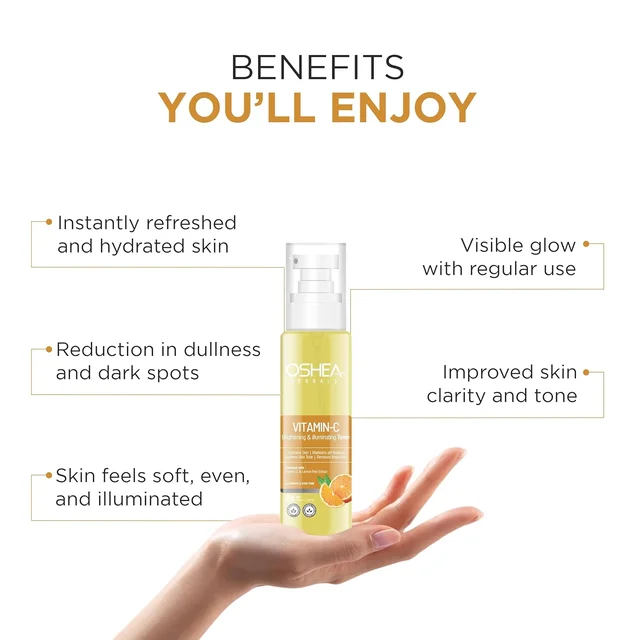 Oshea Herbals Vitamin C Brightening & Hydrating Skin Toner 120ml for All Skin Types | Purifies, Refreshes & Balances pH | Enriched with Lemon Peel Extract & Vitamin C for Radiant Skin