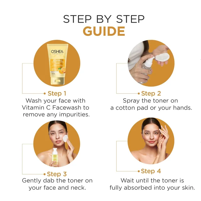 Oshea Herbals Vitamin C Brightening & Hydrating Skin Toner 120ml for All Skin Types | Purifies, Refreshes & Balances pH | Enriched with Lemon Peel Extract & Vitamin C for Radiant Skin