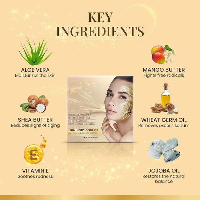 Ozone Illuminous Gold Facial Kit - 60g | 6-Step Organic Facial for Radiant, Luminous Skin | Reduce Dullness | Skin Brightening | For Natural Golden Glow | For All Skin Types