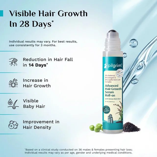 Pilgrim 3% Redensyl & 4% Anagain Advanced Hair Growth Serum 25ml Roll-On | Korean Black Rice Scalp Treatment | Controls Hair Fall, Boosts Regrowth & Density