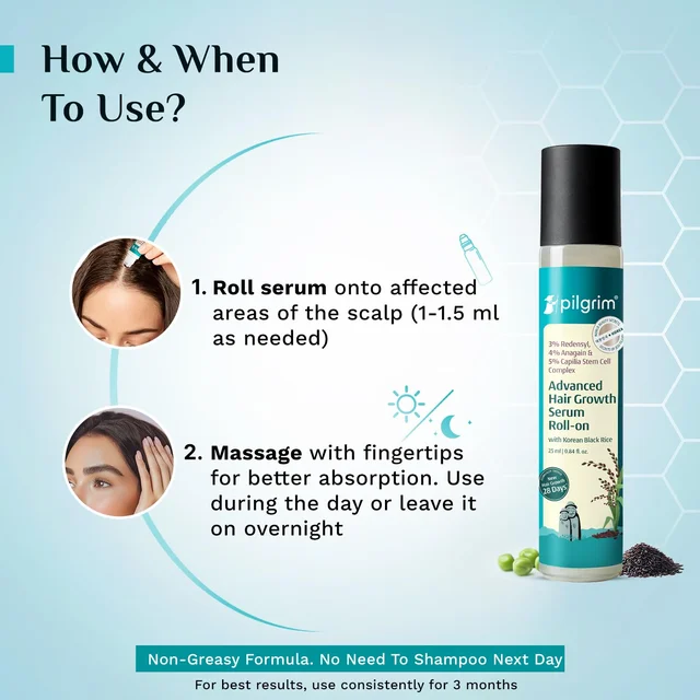 Pilgrim 3% Redensyl & 4% Anagain Advanced Hair Growth Serum 25ml Roll-On | Korean Black Rice Scalp Treatment | Controls Hair Fall, Boosts Regrowth & Density