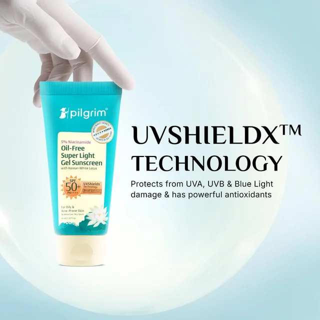 Pilgrim 5% Niacinamide Oil-Free Super Light Gel Sunscreen with Korean White Lotus, 40ml | SPF 50 PA++++ | UVShieldX Technology | For Oily & Acne-Prone Skin | No White Cast
