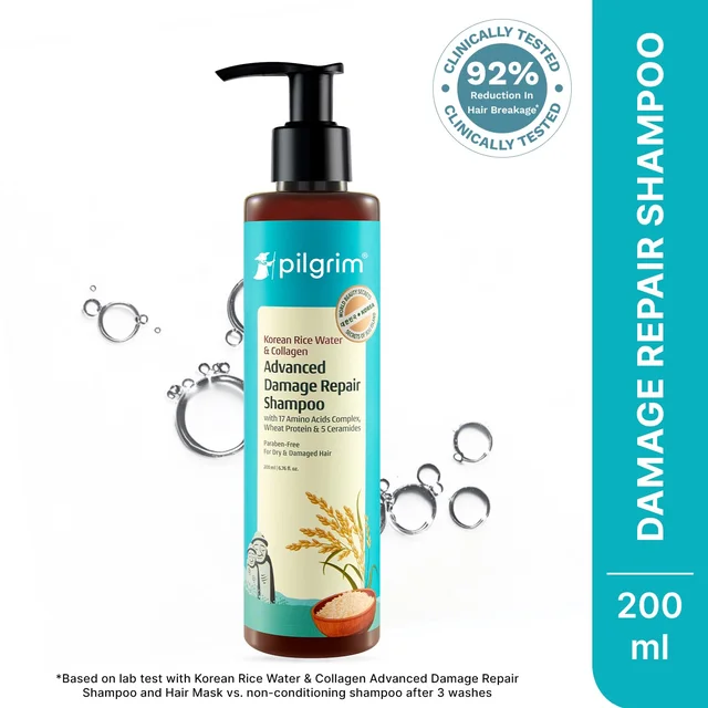 Pilgrim Advanced Damage Repair Shampoo 200ml with Korean Rice Water & Collagen for Unisex use | 17 Amino Acids, Wheat Protein & 5 Ceramides | Paraben-Free Formula for Dry, Damaged Hair