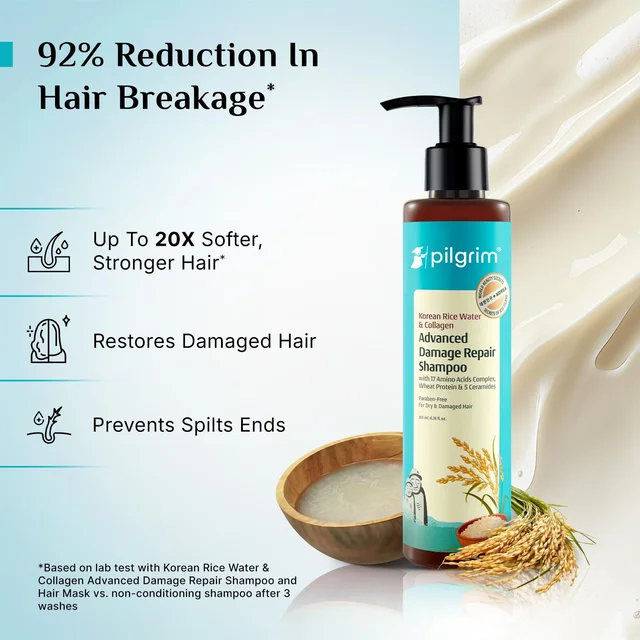 Pilgrim Advanced Damage Repair Shampoo 200ml with Korean Rice Water & Collagen for Unisex use | 17 Amino Acids, Wheat Protein & 5 Ceramides | Paraben-Free Formula for Dry, Damaged Hair