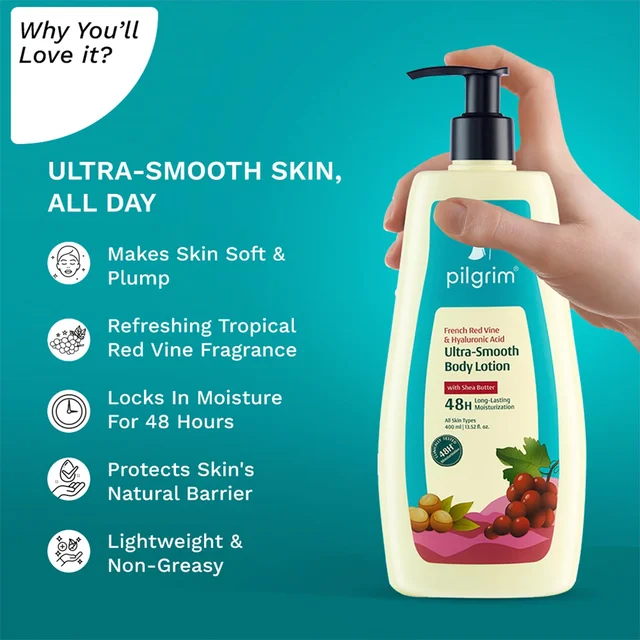 Pilgrim Body Lotion French Red Vine & Hyaluronic Acid | Hydrates Deeply, Improves Skin Elasticity, and Restores Radiance for Smooth, Supple Skin.