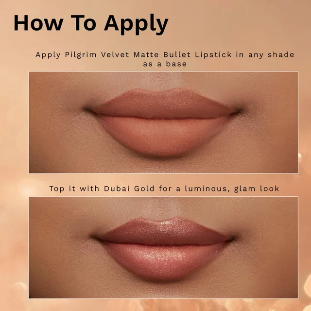 Pilgrim Glitter Lipstick Dubai luxury lifestyle 03 Dubai Gold 4.2g | Glitter-Infused Matte Finish | Enriched with Vitamin E & Olive Oil | Non-Drying & Long-Lasting | Suitable for All Skin Types