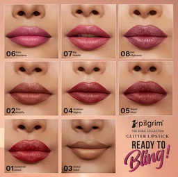 Pilgrim Glitter Lipstick Dubai luxury lifestyle 03 Dubai Gold 4.2g | Glitter-Infused Matte Finish | Enriched with Vitamin E & Olive Oil | Non-Drying & Long-Lasting | Suitable for All Skin Types