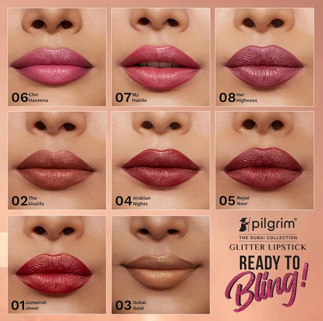 Pilgrim Glitter Lipstick Dubai luxury lifestyle 03 Dubai Gold 4.2g | Glitter-Infused Matte Finish | Enriched with Vitamin E & Olive Oil | Non-Drying & Long-Lasting | Suitable for All Skin Types