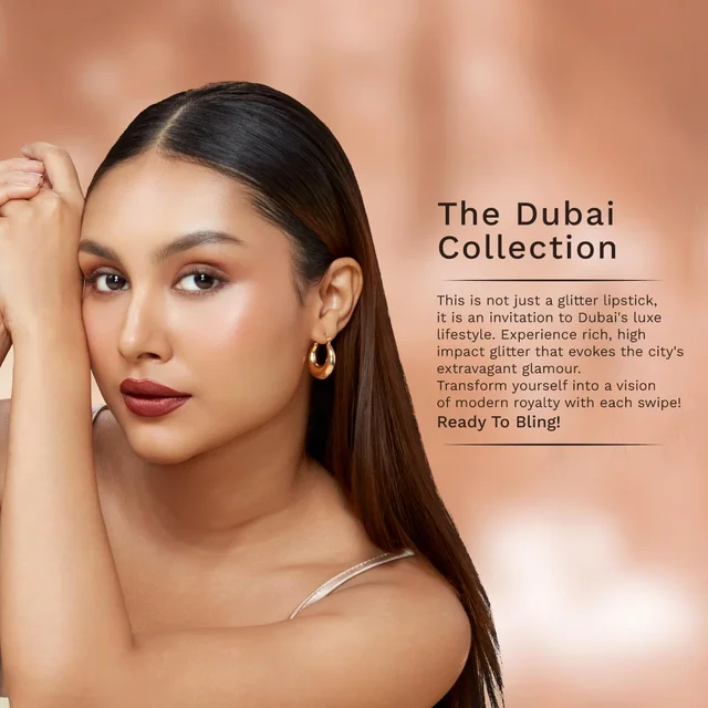 Pilgrim Glitter Lipstick Dubai luxury lifestyle 03 Dubai Gold 4.2g | Glitter-Infused Matte Finish | Enriched with Vitamin E & Olive Oil | Non-Drying & Long-Lasting | Suitable for All Skin Types