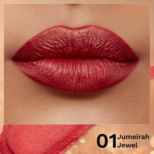 Pilgrim Glitter Lipstick Dubai luxury lifestyle 01 Jumeirah Jewel 4.2g | Glitter-Infused Matte Finish | Enriched with Vitamin E & Olive Oil | Non-Drying & Long-Lasting | Suitable for All Skin Types