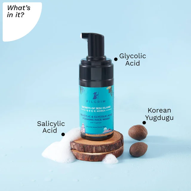 Pilgrim Salicylic & Glycolic Acid Foaming Face Wash, 120ml | Exfoliates, Clears Acne, and Leaves Skin Smooth, Clean, and Refreshed.