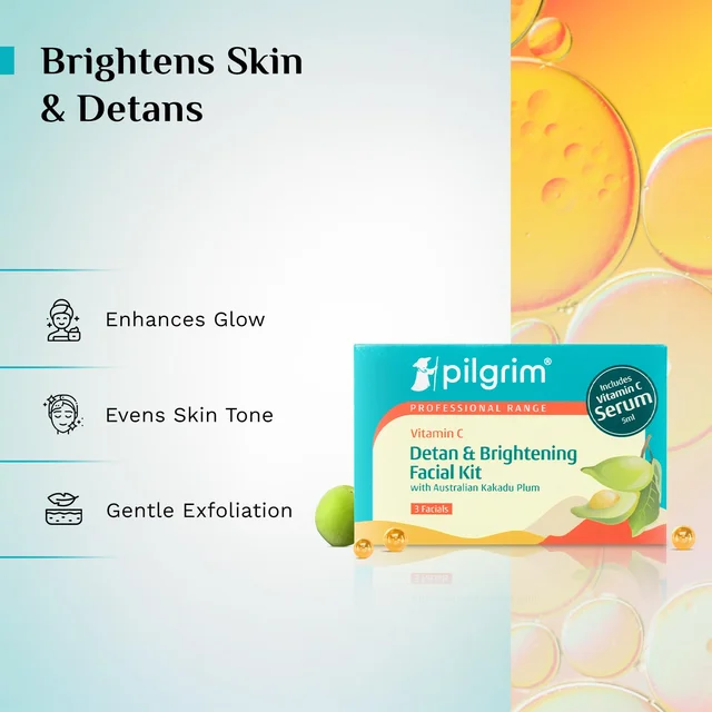 Pilgrim Vitamin C Detan & Brightening Facial Kit with Australian Kakadu Plum | 3-in-1 Facial Kit for Glowing Skin | Removes Sun Damage & Evens Skin Tone | Includes Vitamin C Serum 5ml