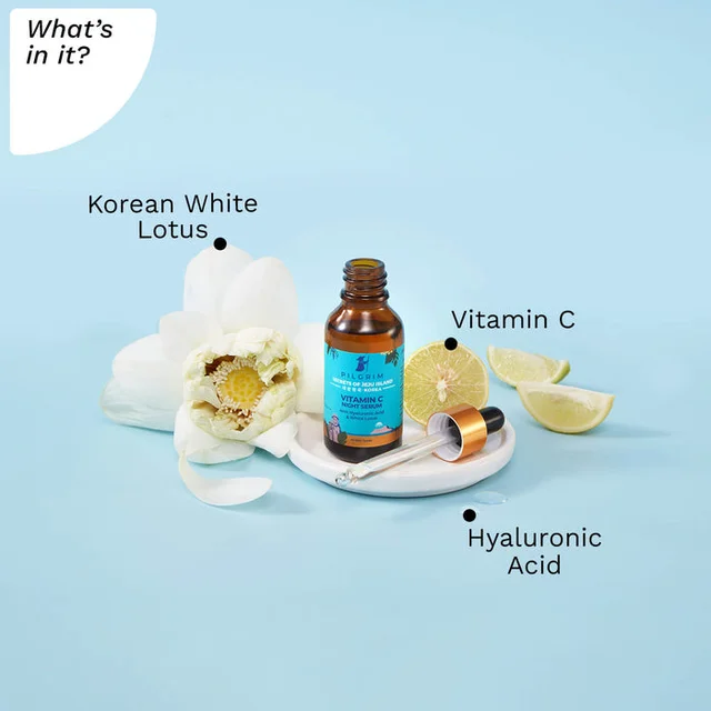 Pilgrim Vitamin C Night Serum (Oil-Based) with Hyaluronic Acid & White Lotus, 30ml | Hydrates, Brightens Skin, and Reduces Fine Lines Overnight.