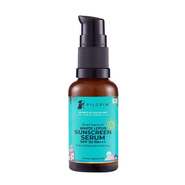 Pilgrim White lotus Sunscreen Serum -30 ml SPF 50 PA+++ | with Hyaluronic acid & CICA | Broad-Spectrum Sun Protection | No white cast | Oil & Silicon free | Non-greasy | Lightweight | UVA and UVB protection | Korean skin care | For All skin types
