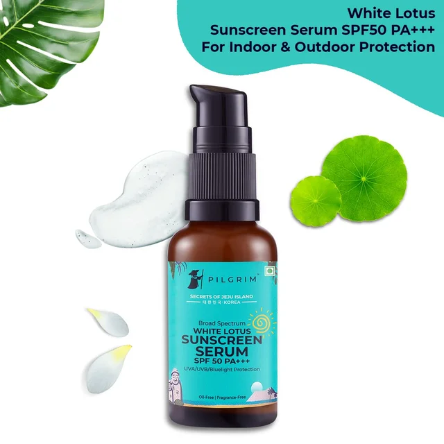 Pilgrim White lotus Sunscreen Serum -30 ml SPF 50 PA+++ | with Hyaluronic acid & CICA | Broad-Spectrum Sun Protection | No white cast | Oil & Silicon free | Non-greasy | Lightweight | UVA and UVB protection | Korean skin care | For All skin types