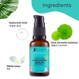 Pilgrim White lotus Sunscreen Serum -30 ml SPF 50 PA+++ | with Hyaluronic acid & CICA | Broad-Spectrum Sun Protection | No white cast | Oil & Silicon free | Non-greasy | Lightweight | UVA and UVB protection | Korean skin care | For All skin types