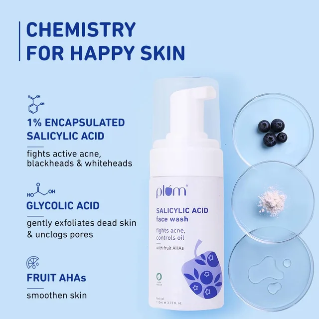 Plum 1% Encapsulated Salicylic Acid Foaming Face Wash 110ml | Fights Acne, Blackheads & Breakouts | With Glycolic Acid & Fruit AHAs | All Skin Types | Creamy Cleanser