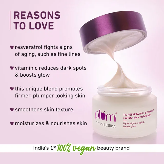 Plum 1% Resveratrol & Vitamin C Youthful Glow Moisturizer 50g | Lightweight Daily Cream for Radiant, Firm & Smooth Skin | Hydrating, Anti-Ageing, Vegan & Dermat-Tested
