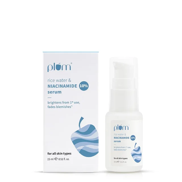Plum 10% Niacinamide Serum with Rice Water 15ml | Brightening, Clear & Glowing Skin | Anti-Acne & Oil Control Serum for Acne-Prone, Oily, Combination & Sensitive Skin