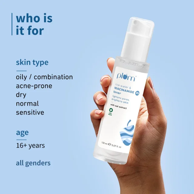 Plum 3% Niacinamide & Rice Water Face Toner 150ml | Alcohol-Free | Pore Tightening, Brightens & Smoothens Skin | Fades Blemishes | For Oily, Acne-Prone & Combination Skin | Women & Men | Vegan