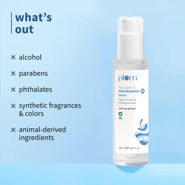 Plum 3% Niacinamide & Rice Water Face Toner 150ml | Alcohol-Free | Pore Tightening, Brightens & Smoothens Skin | Fades Blemishes | For Oily, Acne-Prone & Combination Skin | Women & Men | Vegan