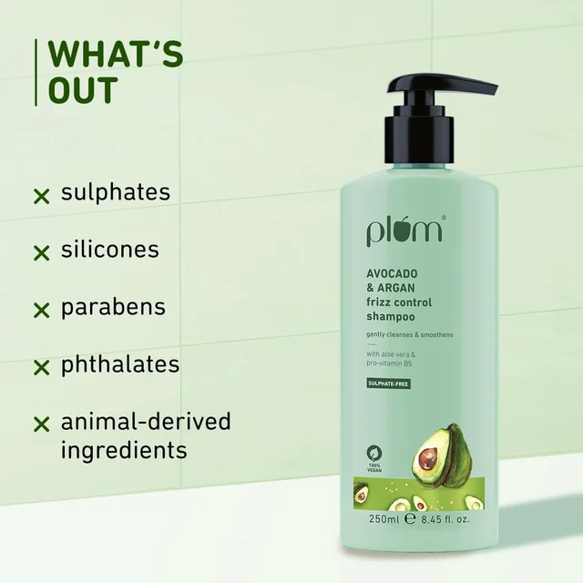 Plum Avocado & Argan Frizz Control Shampoo 250ml | For Curly, Wavy & Frizzy Hair | Sulphate & Paraben-Free | With Aloe Vera Extract | Reduces Frizz & Hydrates