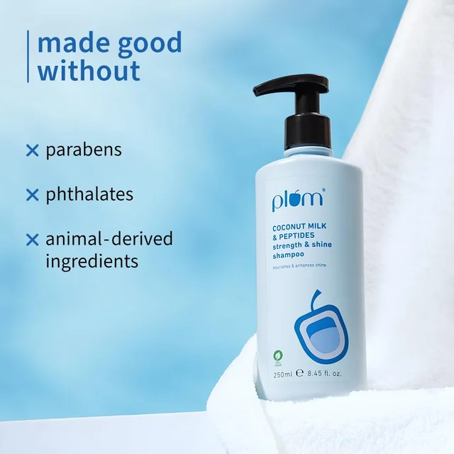 Plum Coconut Milk & Peptides Strength & Shine Shampoo 250ml | 22X Smoother Hair | Smoothening & Strengthening with Coconut Milk & Pea Peptide | Paraben-Free & Vegan