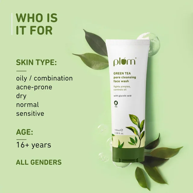 Plum Green Tea Pore Cleansing Face Wash 100ml | With Glycolic Acid | Fights Pimples & Controls Excess Oil | Gentle Exfoliating, Non-Drying | For Oily, Acne-Prone & Combination Skin | Vegan | Women & Men